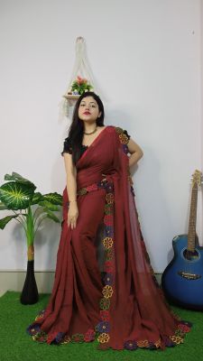 Wine Berry Pure Handloom Mul Cotton Saree From Bengal