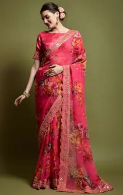 Dark Pink Pure Handloom Georgette Saree From Banaras