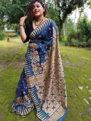 Dark Teal Blue Pure Handloom Dhakai Jamdani Saree From Bengal