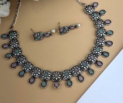 Silver Pure Oxidised Necklace With Multi Colour Stone Jewellery