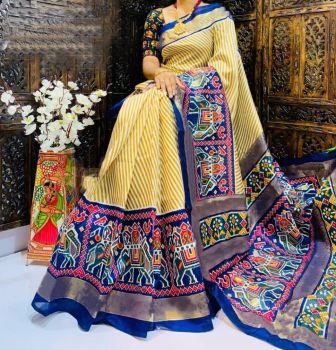 Cream Designer Print Chanderi Semi Linen Saree From Banaras