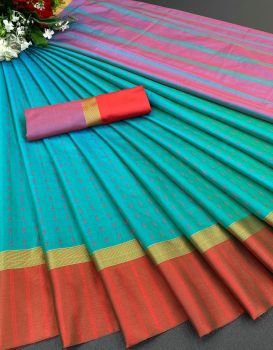 Pacific Green Soft Silk Tapur Tupur Saree From Bengal