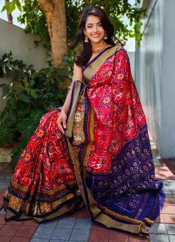 Brick Red Hand Block Print Ikkat Pattu Saree From Banaras