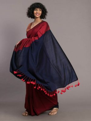 Wine Berry Pure Handloom Cotton Saree From Bengal