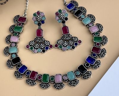 Silver Pure Oxidised Necklace With Multi Colour Stone Jewellery