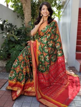 Dark Green Hand Block Print Ikkat Pattu Saree From Banaras