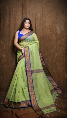 Light Green Pure Handloom Cotton Saree From Bengal