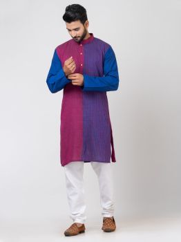 Maroon Blue Pure Handloom Khadi Cotton Kurta From Bengal