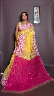 Yellow Pure Handloom Ikkat Jamdani Saree From Bengal