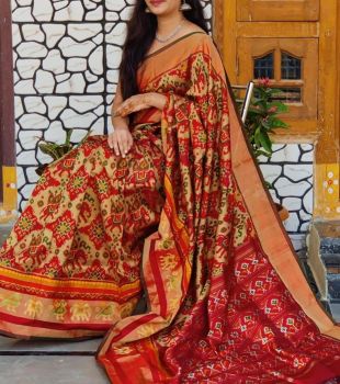 Light Brown Hand Block Print Ikkat Pattu Saree From Banaras
