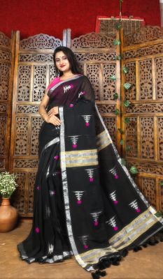 Black Linen By Linen Pure Handloom Saree From Bengal