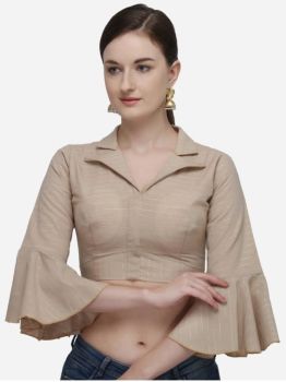 Beige Cotton Work Shirt Collar Party Wear Blouse