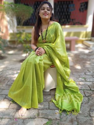 Parrot Green Tussar Silk Pure Handloom Saree From Bengal