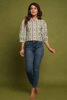 WHITE FLOWER PRINTED COTTON SHIRT