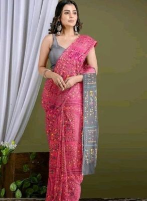 Rose Pink Pure Handloom Madhubani Saree From Bengal