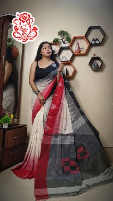 White Black Ikkat Cotton Saree From Bengal