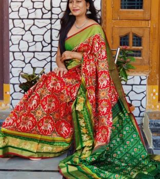 Red Hand Block Print Ikkat Pattu Saree From Banaras