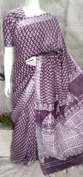 Purple Hand Block Printed Cotton Saree From Bihar