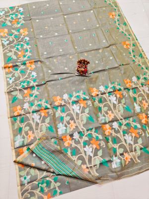 Gray Pure Handloom Muslin Silk Saree From Bengal