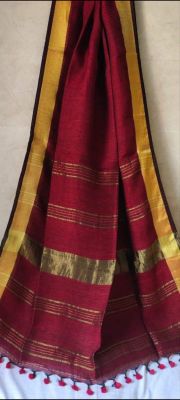 Marron Pure Handloom Linen Saree From Bengal