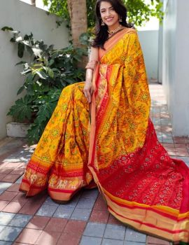 Burnt Yellow Hand Block Print Ikkat Pattu Saree From Banaras