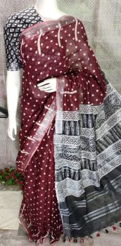 Chocolate Brown Hand Block Printed Cotton Saree From Bihar