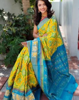 Yellow Hand Block Print Ikkat Pattu Saree From Banaras