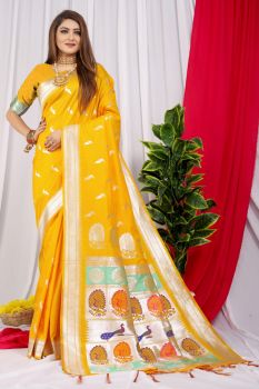 Yellow Peacock Design Rich Pallu Meenakari Work Paithani Soft Silk Saree