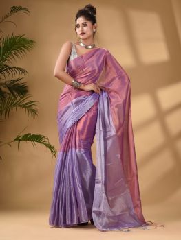 Purple Lavender Pure Handloom Tissue Saree From Bengal