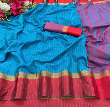 Peacock Blue Soft Silk Tapur Tupur Saree From Bengal