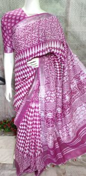 Dark Purple Hand Block Printed Cotton Saree From Bihar