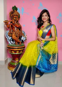 Yellow Kora Organza Silk Butti Saree From Banaras