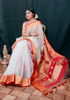 White & Red Reshom Handloom Varanasi Cotton From Bengal saree