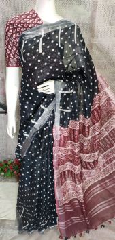 Black Hand Block Printed Cotton Saree From Bihar