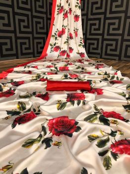 Off White Reddish Digital Printed Flower Design Heavy Satin Silk Saree