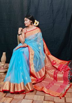 Sky Blue & Red Reshom Silk Varanasi Red & Bottle Green Reshom Silk Handloom Varanasi Cotton From Bengal saree