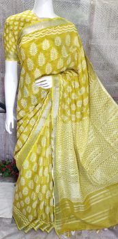 Burnt Yellow Hand Block Printed Cotton Saree From Bihar