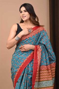 Sea Blue Hand Block Cotton Pure Handloom Flower Design Saree