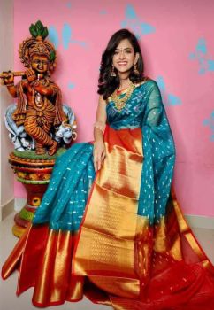 Teal Blue Kora Organza Silk Butti Saree From Banaras