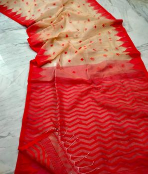 Cream Pure Handloom Resham Cotton Saree From Bengal