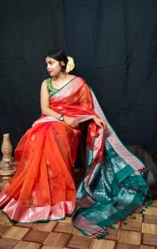 Light Red & Bottel Green Reshom Silk Handloom Varanasi Cotton From Bengal saree