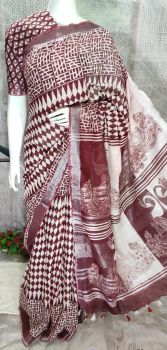 Persian Plum Hand Block Printed Cotton Saree From Bihar