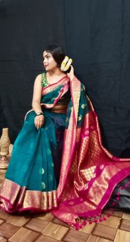 Bottle Green & Rani Pink Reshom Silk Handloom Cotton From Bengal saree