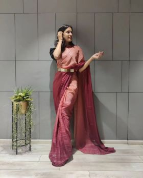 Wine Ready To Wear Stripes Chiffon Saree
