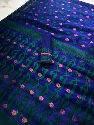 Navy Blue Pure Handloom Dhakai Jamdani Saree From Bengal