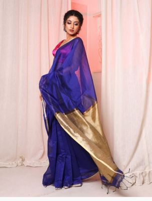 Blue Pure Handloom Silk Cotton Saree From Bengal