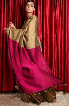 Muga & Magenta Plain Silk Cotton From Bengal saree