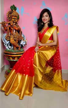 Bright Red Kora Organza Silk Butti Saree From Banaras