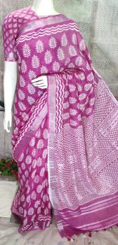 Violet Hand Block Printed Cotton Saree From Bihar