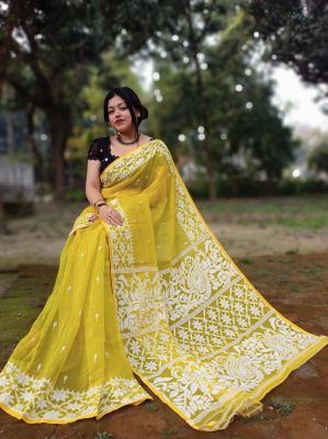 Burnt Yellow Dhakai Jamdani Pure Handloom Cotton Saree From Bengal